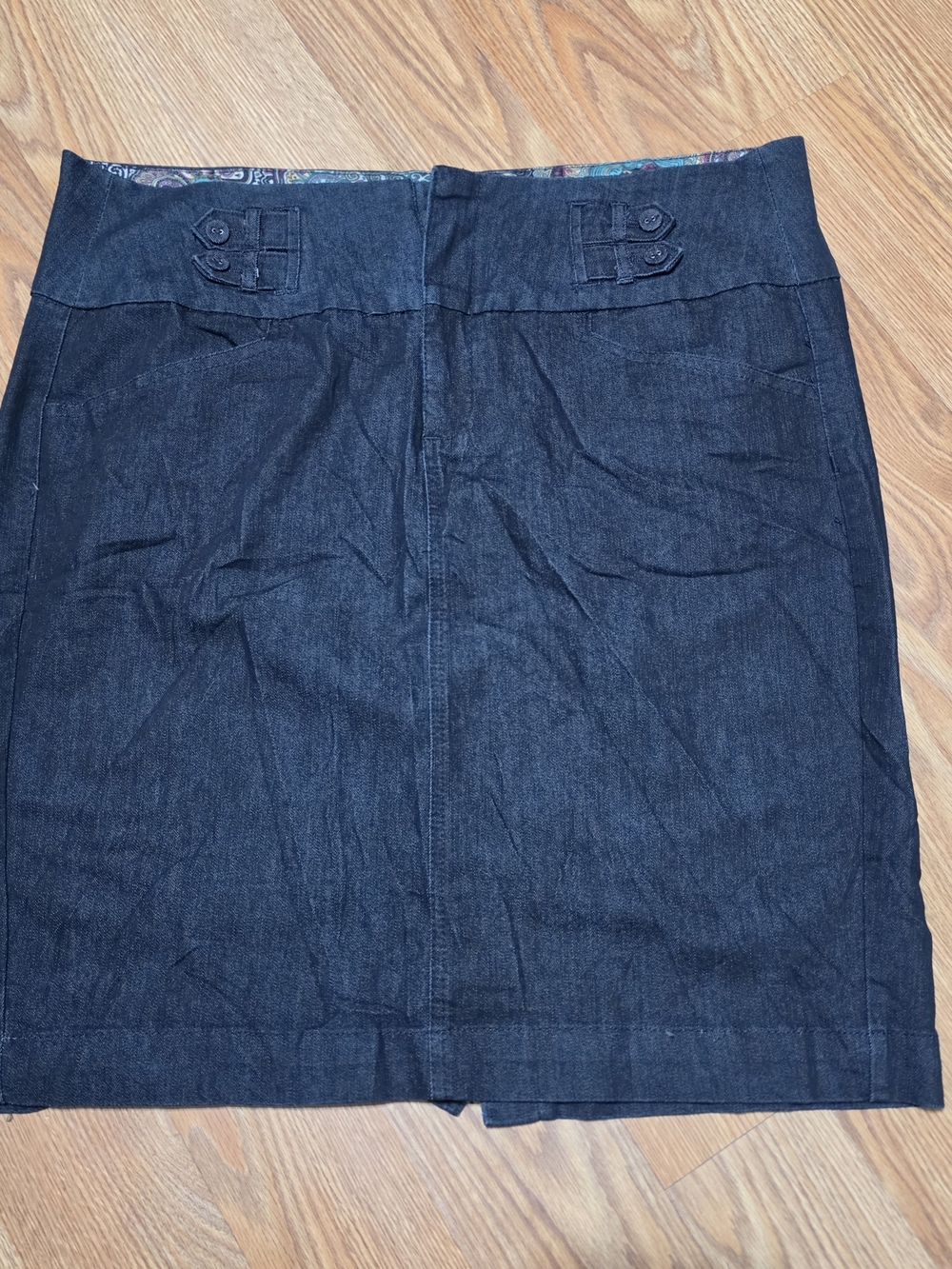Dark Blue Denim Midi Skirt With Button Tab Detailand Front Pockets